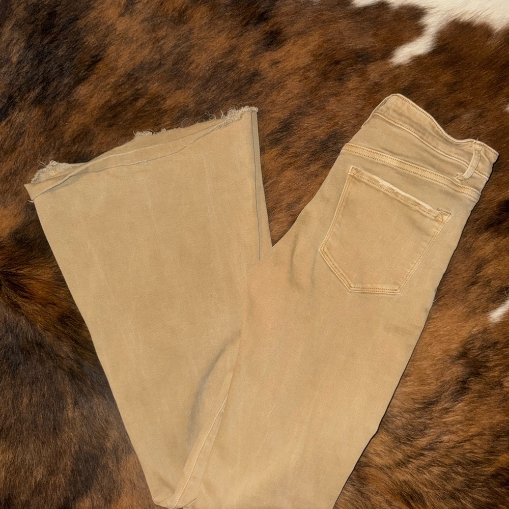 Beige Frayed Hem Wide Leg Jeans